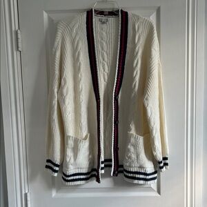 American Eagle white button Cardigan with Red and Blue Stripes and pockets